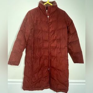 LL Bean Goose Down Stadium Coat Burgundy Red Faux Fur 3/4 Length Size Medium